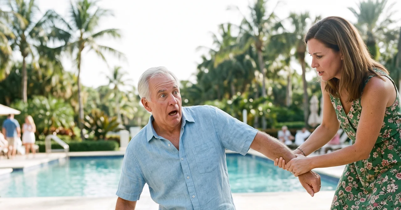 Elderly person on a pool deck