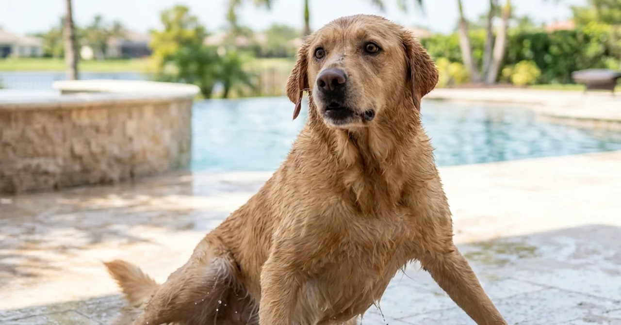 Dog on a wet pool deck