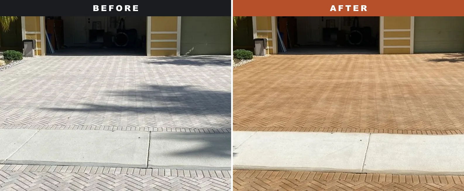 Faded paver driveway before SignaSeal and the same driveway after, restored close to its original terracotta color