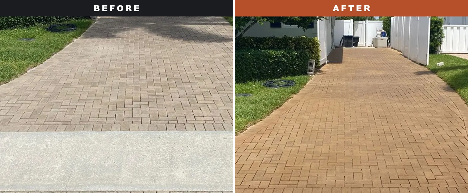 Grey faded paver walkway before SignaSeal and the same walkway after enhancement, rich color restored
