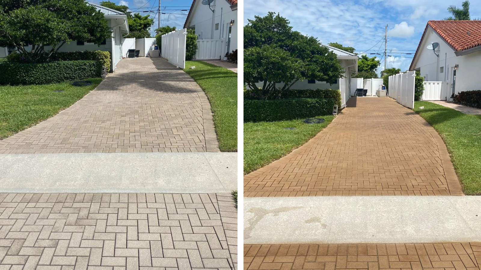Before and after non-slip treatment on natural stone pool deck